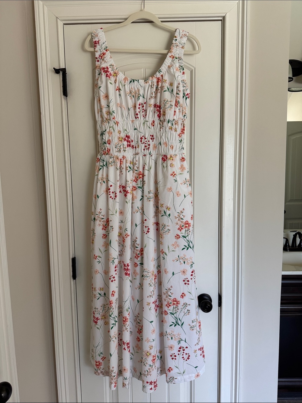 LOFT White Floral Maxi Dress with Pink, Red and Green Print